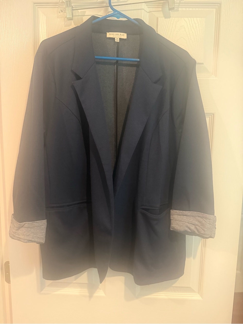 Skies Are Blue Navy Open Front Blazer Jacket Gray Cuffed Sleeve Stretch 2X